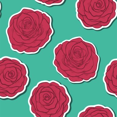 Kırmızı güller ile kontür güzel Dikişsiz desen. kontür çizgileri çizilmiş ve konturlar.