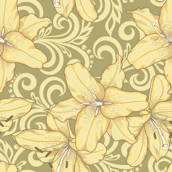 Nahtloses Muster mit Lilienblüten und abstrakten floralen Wirbeln — Stockvektor
