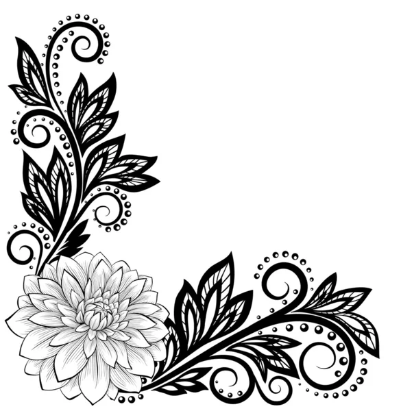 Monochrome black and white lace flower in the corner. With space for your text and greetings — Stock Vector