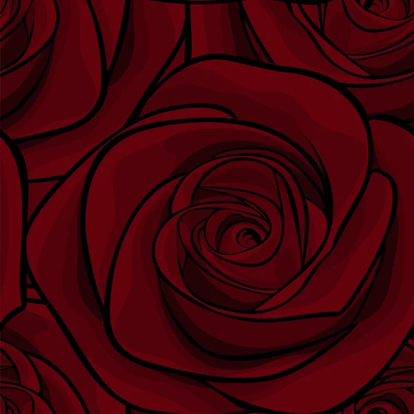 Motif sans couture en roses rouges avec des contours. Lignes de contour et traits dessinés à la main. Parfait pour les cartes de vœux de fond et les invitations au jour du mariage, anniversaire, Saint Valentin — Image vectorielle