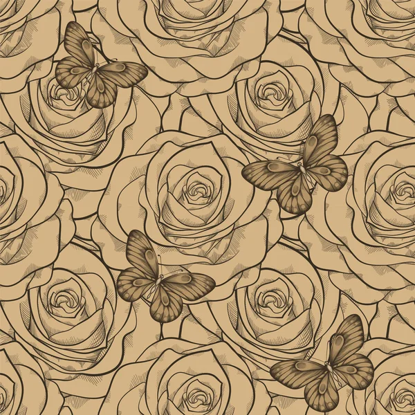 Mooie naadloze achtergrond met vlinders en rozen vintage kleur. handgetekende contour lijnen en lijnen. — Stockvector