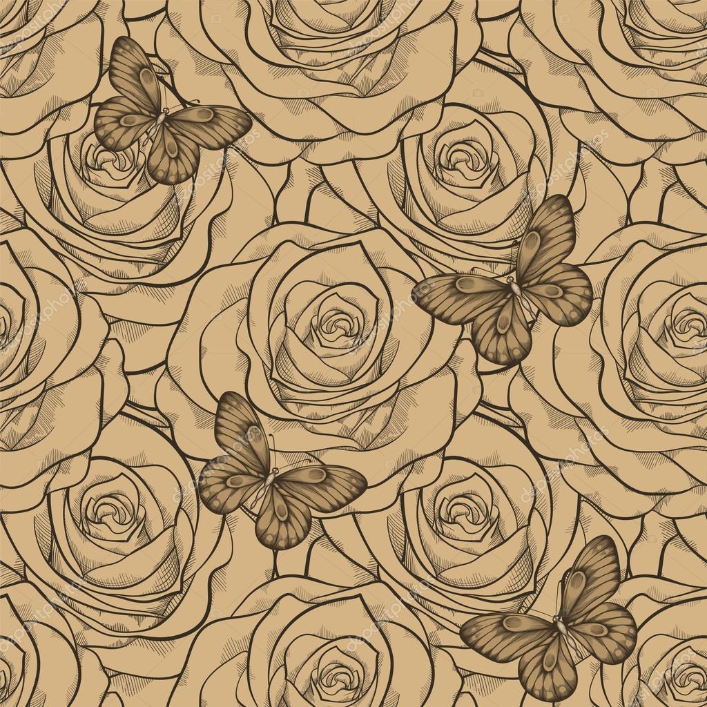 Bellissimo sfondo senza soluzione di continuit  con colore vintage Rose e farfalle linee di contorno disegnati a mano e colpi perfetto per sfondo