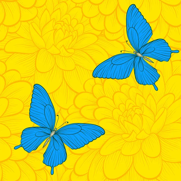 Beautiful seamless background with butterflies and dahlias. — Stock Vector