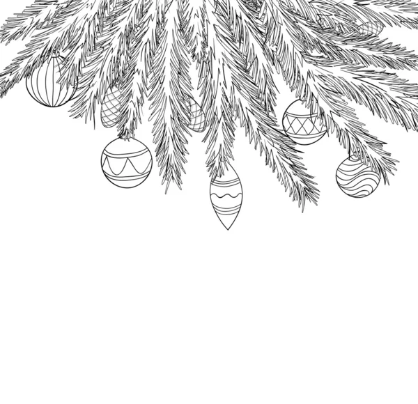 Hermosas bolas de Navidad en blanco y negro colgando de una rama de árbol de Navidad . — Vector de stock