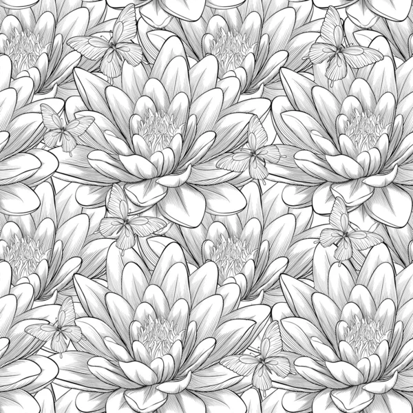 Magnifique motif monochrome, noir et blanc sans couture avec des fleurs de lotus. Lignes et traits de contour dessinés à la main . — Image vectorielle