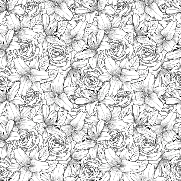 Beautiful seamless background with black and white lily and roses . Hand-drawn contour lines and strokes. Stock Vector