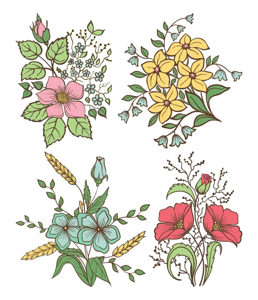 Vector bloemen set. Kleurrijke bloemen collectie met bladeren en bloemen, hand draw Vintage . — Stockvector