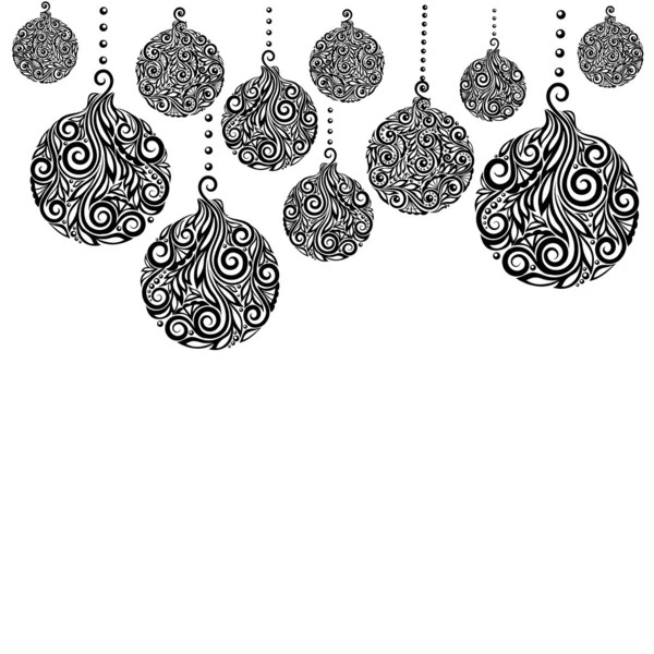 Vackra svartvitt svartvitt jul bakgrund med julen bollar hängande . — Stock vektor