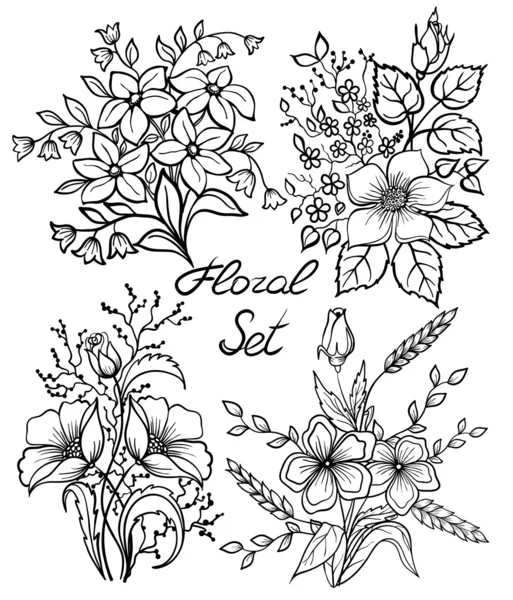 Vector zwart-wit bloemen set. Floral collectie met bladeren en bloemen, hand draw Vintage . — Stockvector