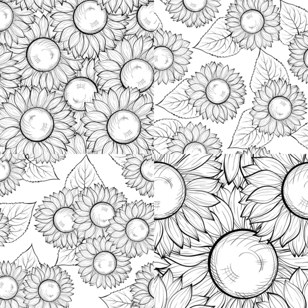 Set of beautiful black and white seamless background with sunflowers. — Stock Vector