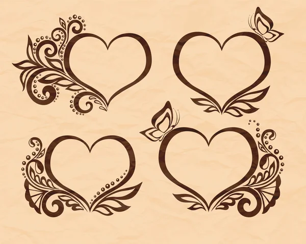 Set di bellissimo simbolo in bianco e nero di un cuore con disegno floreale e farfalla. Perfetto per biglietti di auguri di sfondo e inviti al giorno del matrimonio, compleanno, San Valentino — Vettoriale Stock