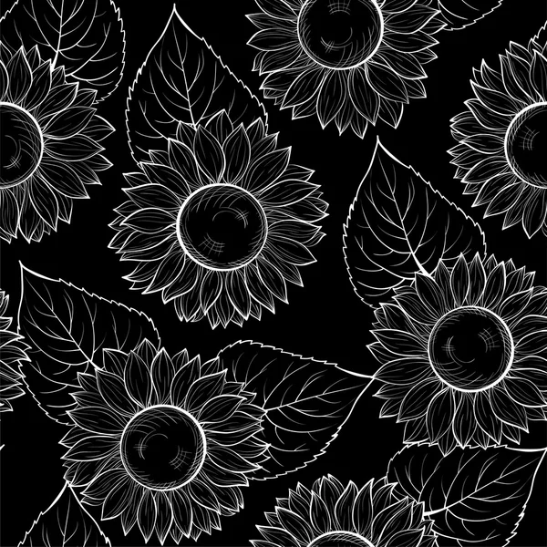 Beautiful monochrome black and white seamless background with sunflowers. — Stock Vector