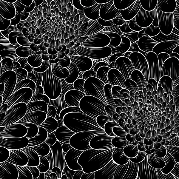 Beautiful seamless background with monochrome black and white flowers chrysanthemum. — Stockový vektor