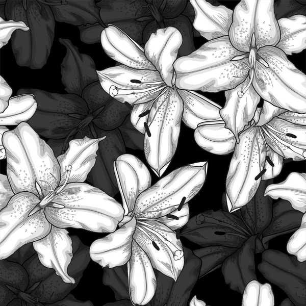 Beautiful monochrome, black and white seamless background with lilies. — Stockvector