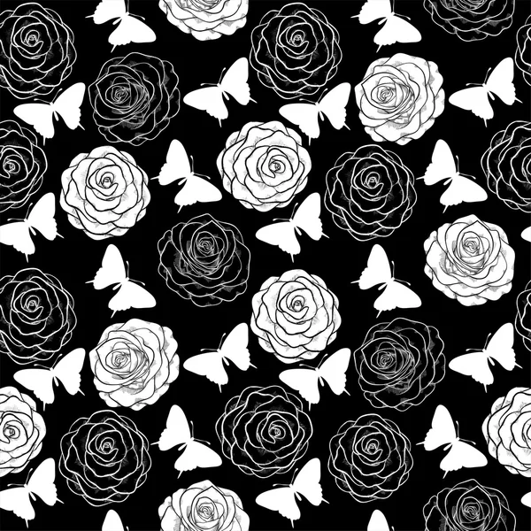 Beautiful seamless background with monochrome black and white butterflies and roses. — Stock Vector
