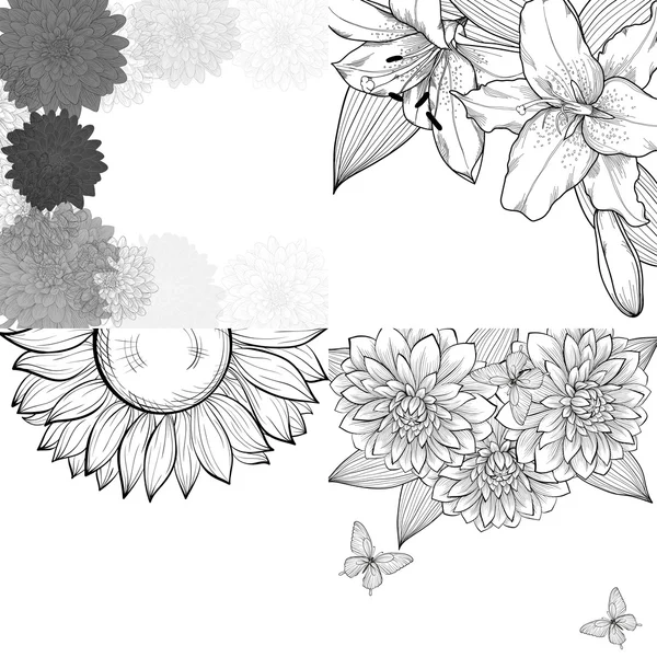 Beautiful set of monochrome black and white background, space for text, frame of flowers — 스톡 벡터