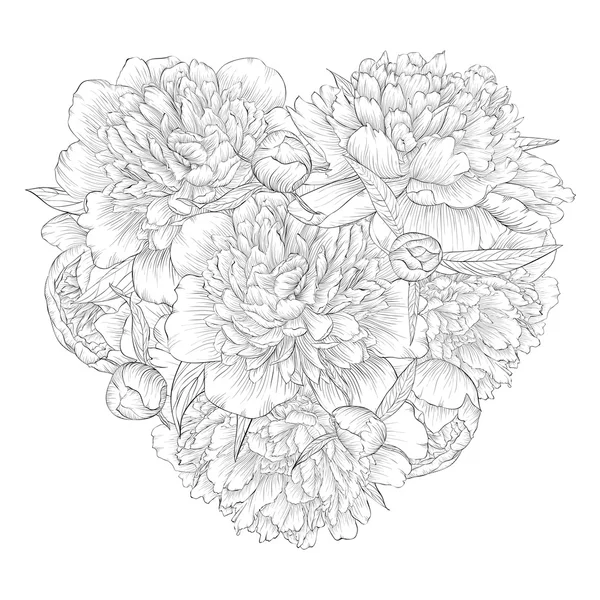 Beautiful monochrome black and white heart decorated by flowers peony. I love you. — 图库矢量图片