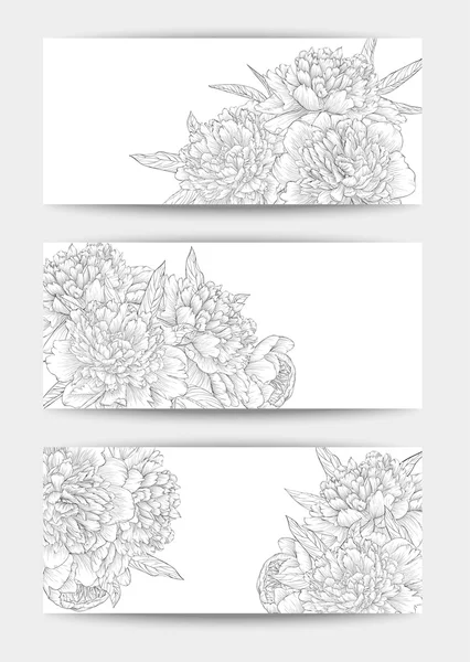 Beautiful black and white Set of horizontal banners with flowers. — ストックベクタ