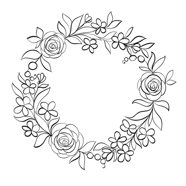 Beautiful monochrome black and white Floral circular frame. — Stock Vector