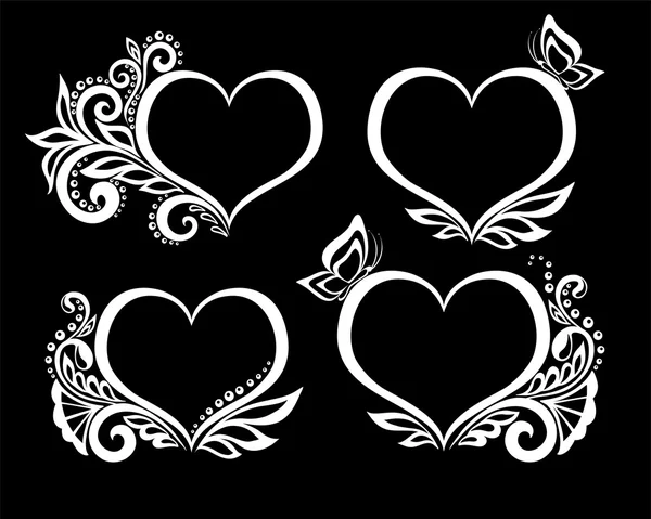 Set of beautiful black-and-white symbol of a heart with floral design and butterfly. — Stock Vector