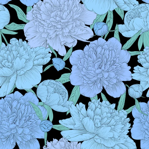 Beautiful seamless background. blue peonies with green leaves and buds. — ストックベクタ