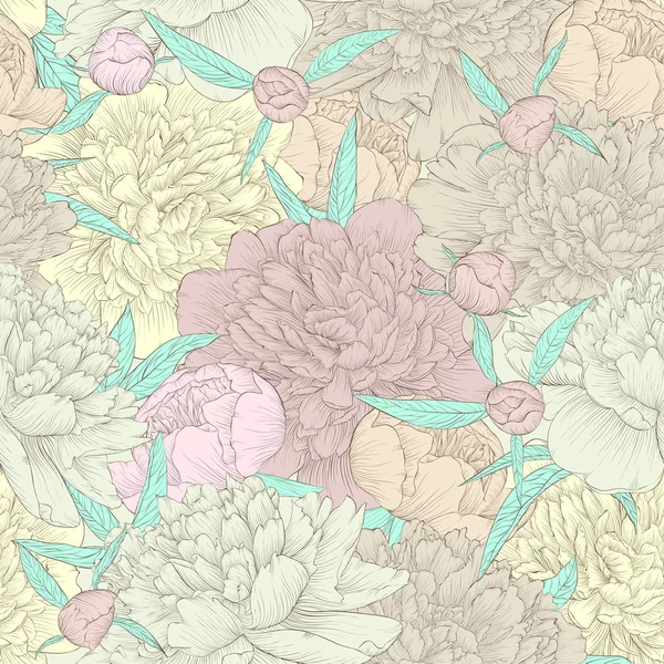 Beautiful seamless background. peonies with green leaves and buds. — Wektor stockowy