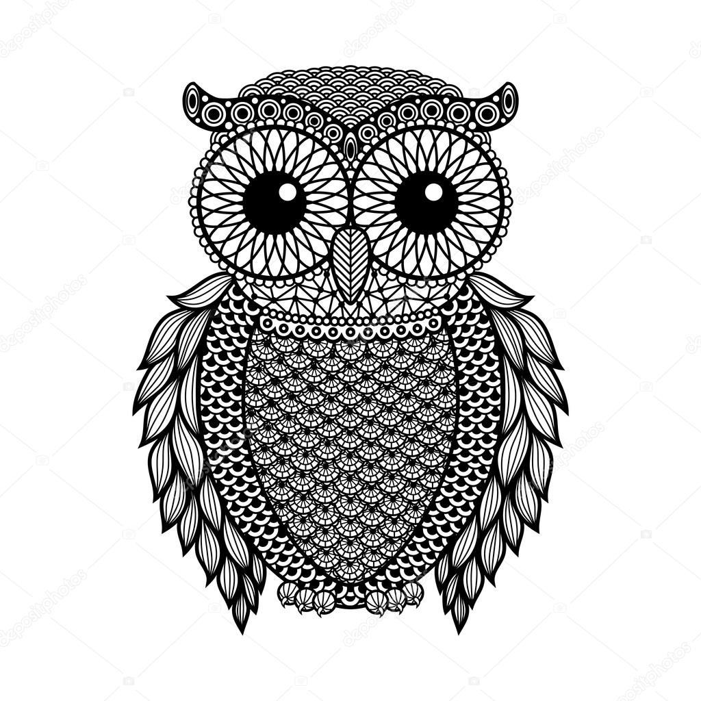 Zentangle stylized Black Owl. Hand Drawn vector illustration isolated on  white background. Vintage sketch for tattoo design or mehandi. Stock Vector  by ©Jane_Hulinska 87030966, image size:1024x1024