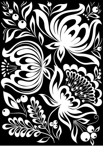 Beautiful monochrome black and white flowers and leaves isolated. — Stock Vector