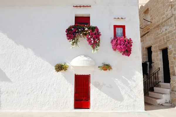 Karakteristisk hus med blomster ved vinduet i Monopoli nær Bari, Puglia, Italien - Stock-foto