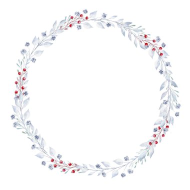 Watercolor greenery and berries wreath. Hand painted clipart. Perfect for Christmas invitation, greeting card, diy.