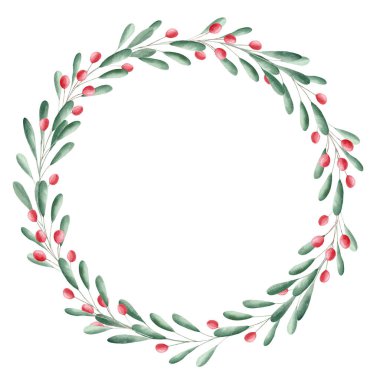 Suluboya yeşillik ve kırmızı böğürtlen çelengi. Noel zirvesi.