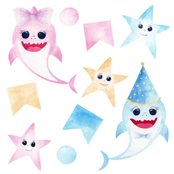 Baby shark watercolor clipart. Pink and blue smiling sharks, colorful starfishes and party decorations. — Stock fotografie