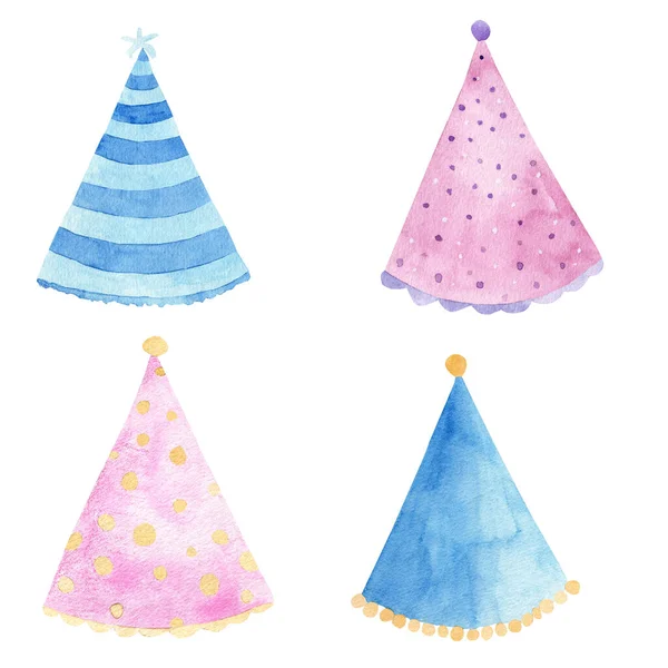 Party hats watercolor clipart. Printable hand painted decoration for party, birthday, baby shower, greeting cards. — Foto Stock