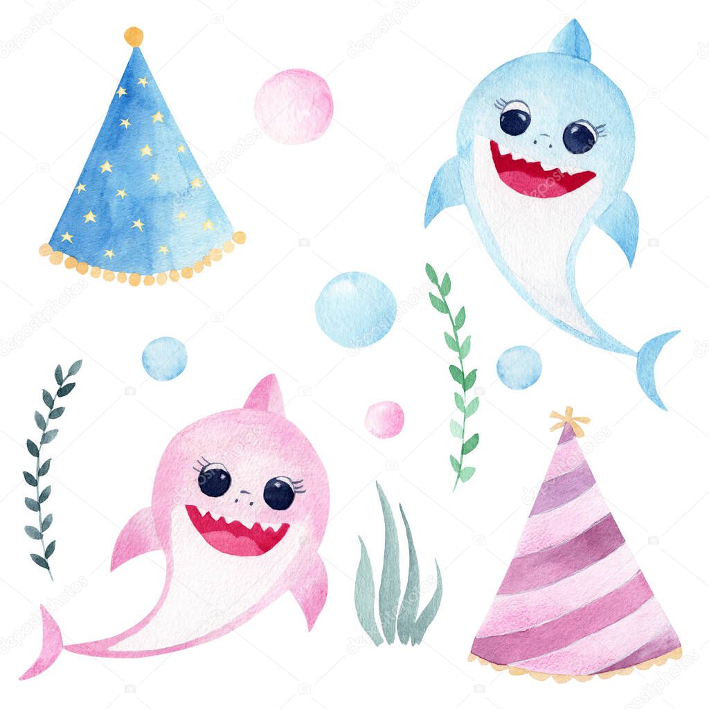 Baby shark watercolor clipart. Hand painted smiling sharks, sea greenery, party hats and drops.