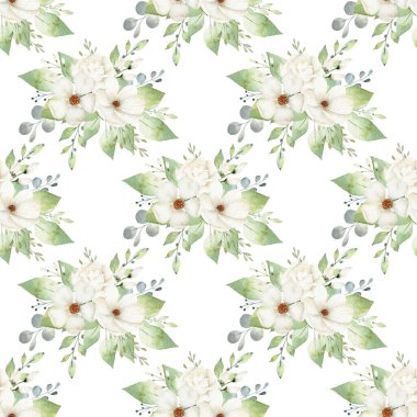 Suluboya beyaz çiçekler dijital kağıt. Tekstil, kumaş, davetiye, düğün için Aquarelle çiçek illüstrasyonu.