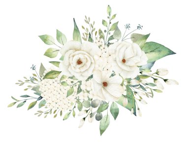 Beyaz çiçekler ve yeşillik yaprakları suluboya bir buket..