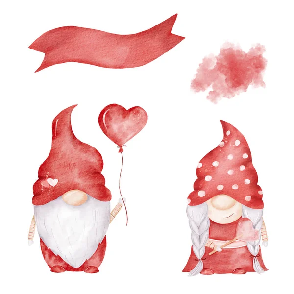 赤いノームの水彩クリッパー。愛のイラストセット。バレンタインカード、愛のデザインのためのグラフィック. — ストック写真