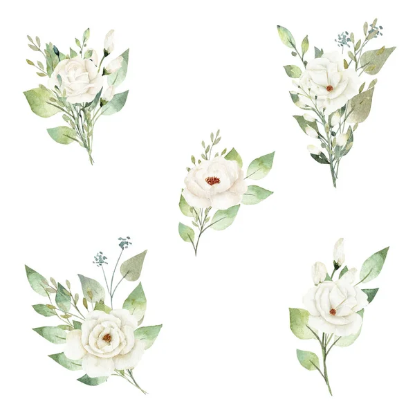Akvarell Fehér Virágok Zöld Levelek Előfizetői Virágillusztráció Textil Szövet Scrapbooking — Stock Fotó
