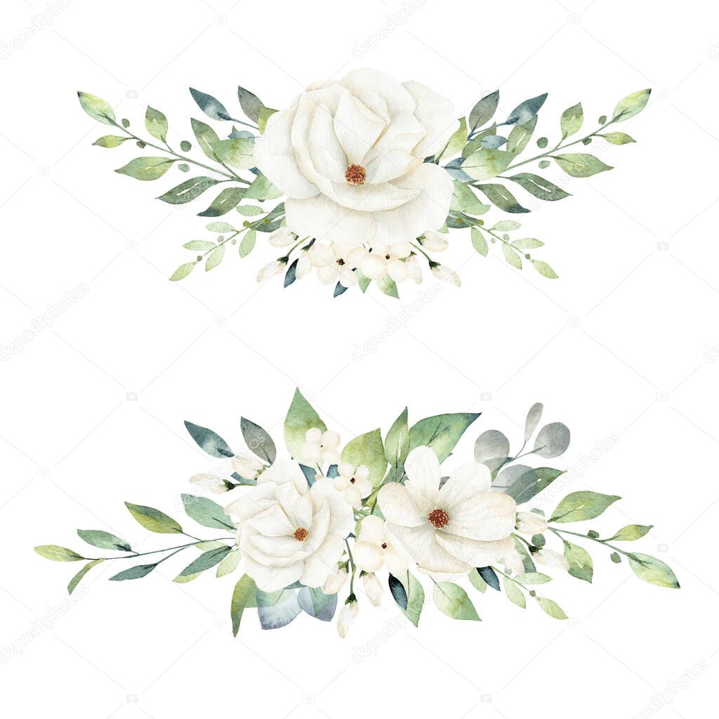 White flowers bouquet watercolor illustration. Hand painted clipart.
