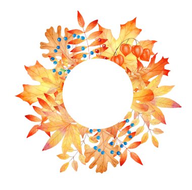 Sonbahar yaprakları yuvarlak çerçeve. Elle boyanmış suluboya klipsi. Sonbahar illüstrasyonu. Davetiyeler için grafikler, tebrik kartları, diy projeleri, hatıra defteri, afiş, logo.