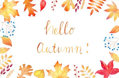 Suluboya yaprakları çerçeveyi beyaz arkaplanda izole eder. Davetler için sonbahar zirvesi.