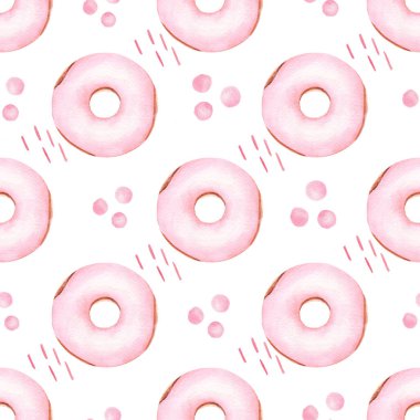 Pembe çörekler suluboya klipsli dijital kağıt. Elle boyanmış tatlı fırın yemek çizimi.