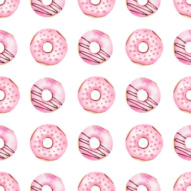 Donutlar suluboya klipssiz desen. Elle boyanmış dijital kağıt.