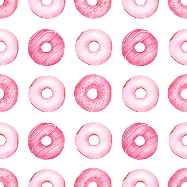 Seamless pattern donuts digital paper. Hand painted watercolor clipart isolated on white. Food graphics.