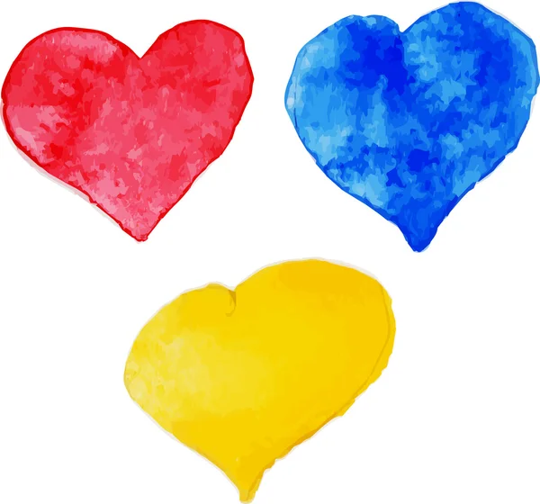 Conjunto de coloridos corazones de acuarela, ilustración vectorial — Vector de stock