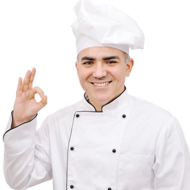Beyaz ok işareti izole beyaz arka plan üzerinde gösterilen üniforma şef giymiş
