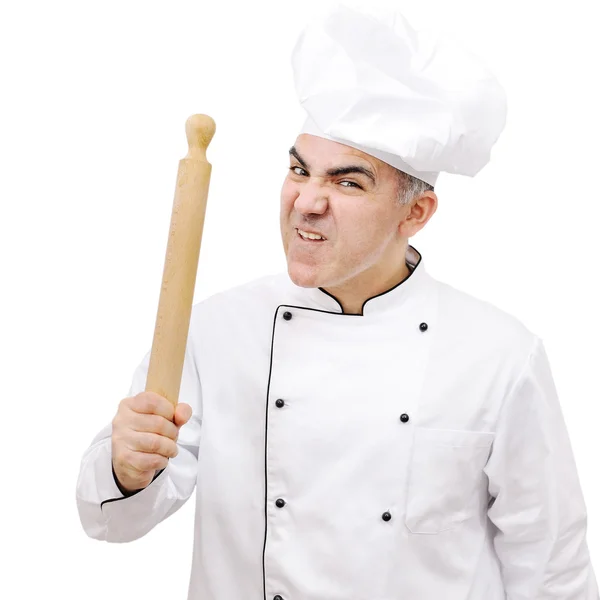 Chef enojado con rodillo aislado sobre fondo blanco — Foto de Stock