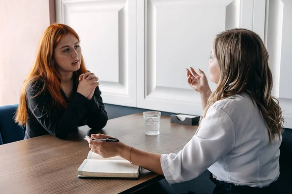 Mental health concept. Communication session of woman psychologist and client. Psychotherapy or talk therapy as help people with variety of mental illnesses and emotional difficulties — Stock Photo, Image