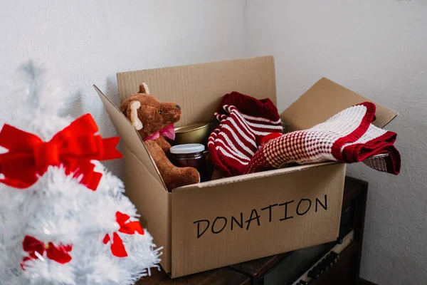 Weihnachtsspenden behindern, helfen Flüchtlingen und Obdachlosen. Xmas Charity Spendenbox mit warmer Kleidung, Essen und Spielzeug in der Nähe des Weihnachtsbaums zu Hause. Wohltätigkeitsorganisationen spenden Weihnachten an bedürftige Familien Stockfoto