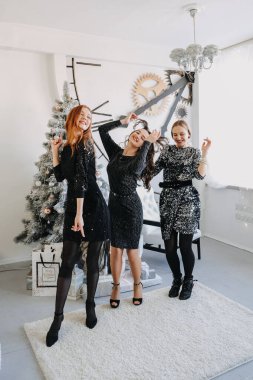 Noel tecridi. Noel kutlaması, yeni yıl partisi, şenlikli aile toplantıları ve evde partiler. Üç güzel genç bayan Noel 'i küçük arkadaş grubuyla kutluyor..